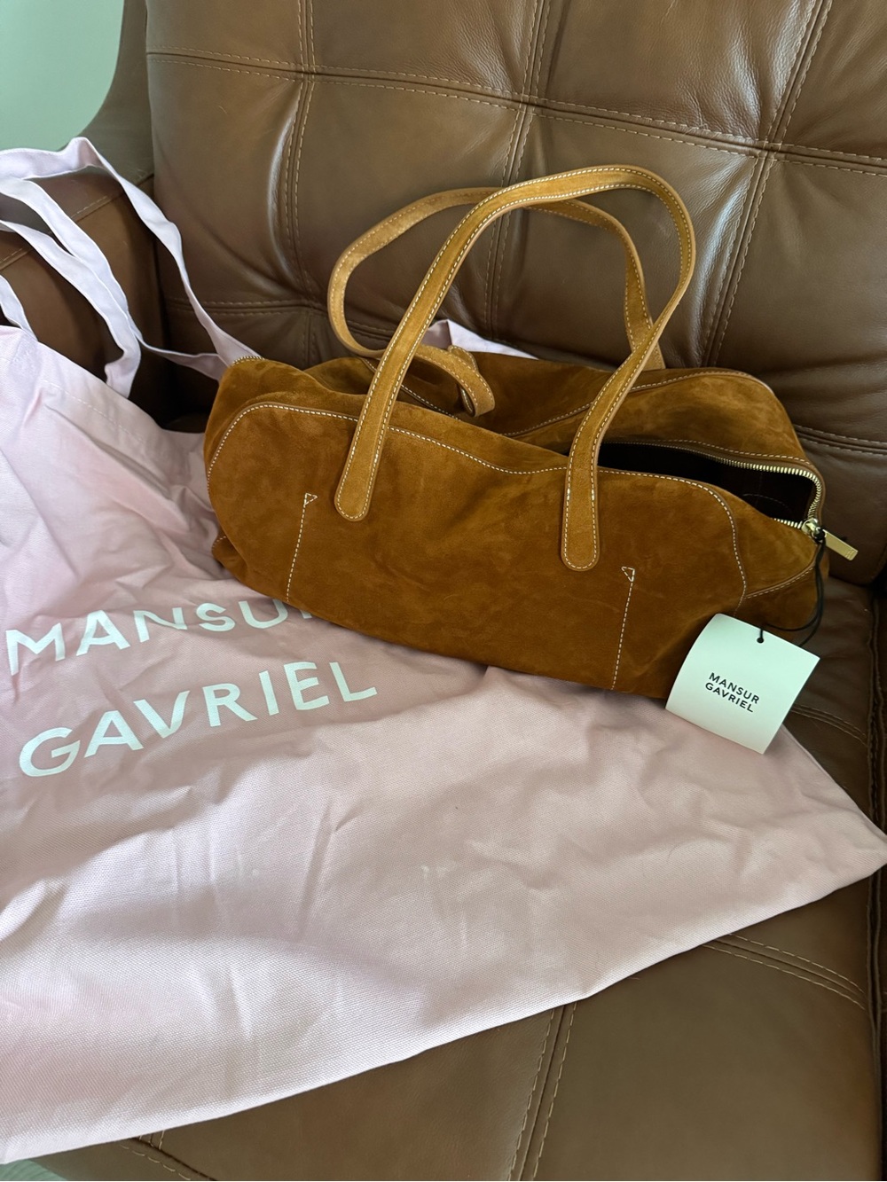 Brand New Mansur Gavriel Suede Leather Top-Handle Bowler bag in Cognac - Picture 2 of 5
